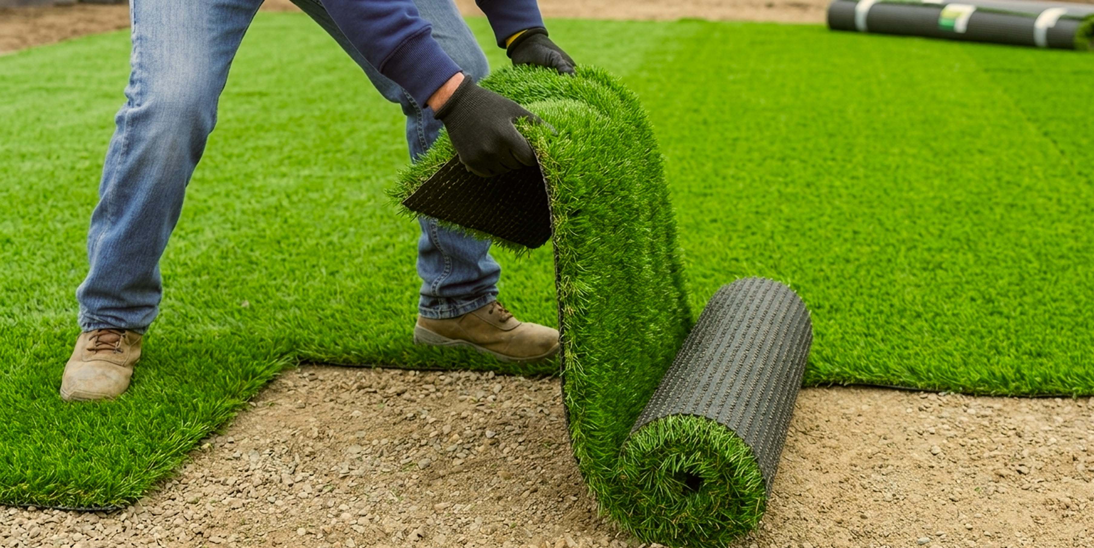 Person unrolling artificial grass on a patch of ground